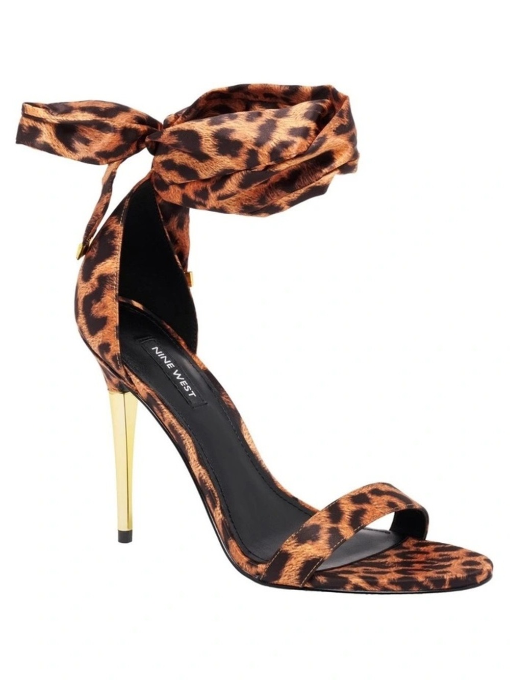 Nine West Leopard Print Ankle-Tie Stiletto Sandal - Brown and Gold